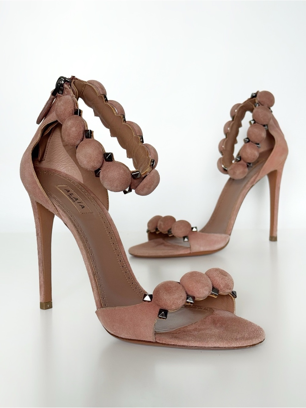 ALAIA Le Bombe Suede Heels Sandals Pom Poms Studs Stiletto Kardashian